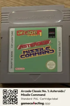 Arcade Classic No. 1: Asteroids / Missile Command Game Boy, PAL cartridge label