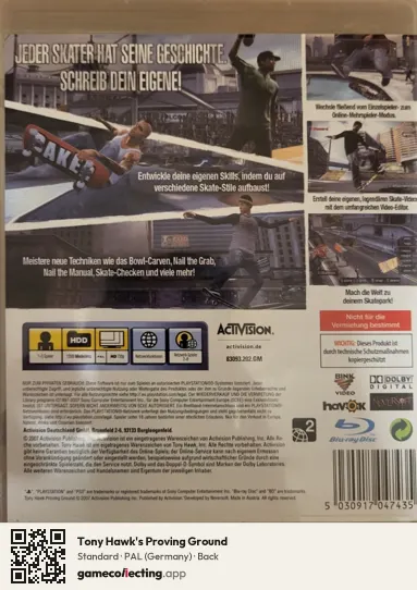 Tony Hawk's Proving Ground PlayStation 3, Germany box back