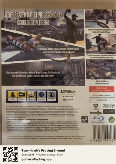 Tony Hawk's Proving Ground PlayStation 3, Germany box back