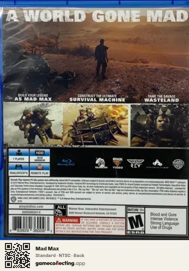 Mad Max PlayStation 4, NTSC box back