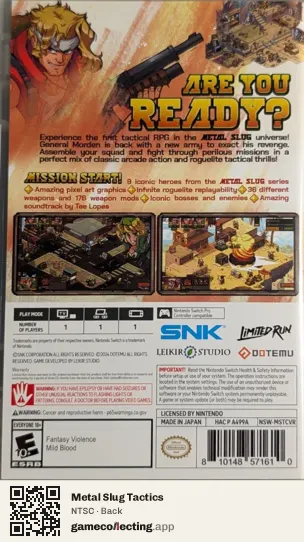 Metal Slug Tactics Nintendo Switch, NTSC box back