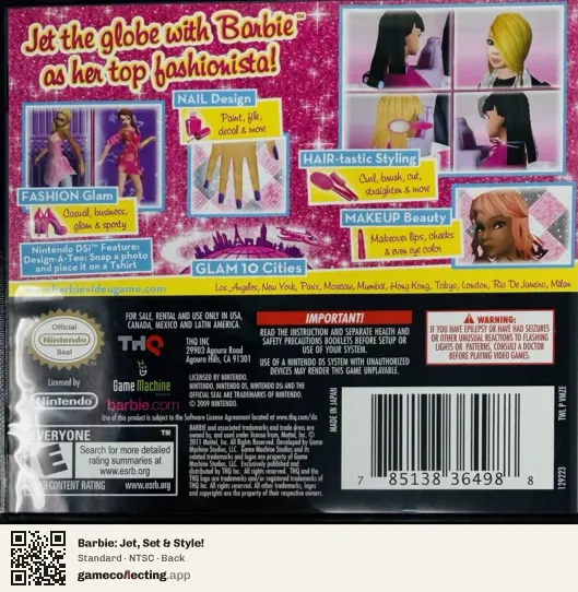 Barbie: Jet, Set & Style! Nintendo DS, NTSC box back