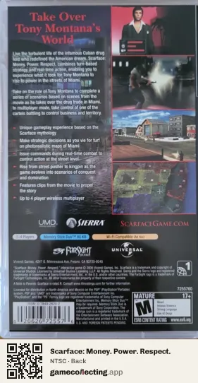 Scarface: Money. Power. Respect. PlayStation Portable, NTSC box back