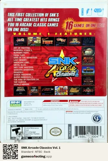 SNK Arcade Classics Vol. 1 Nintendo Wii, NTSC box back
