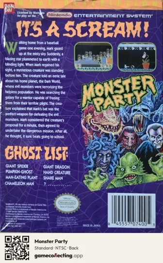 Monster Party Nintendo Entertainment System, NTSC box back