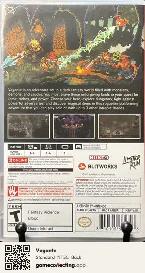 Vagante Nintendo Switch, NTSC box back