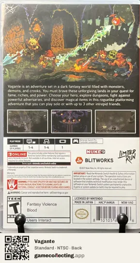 Vagante Nintendo Switch, NTSC box back