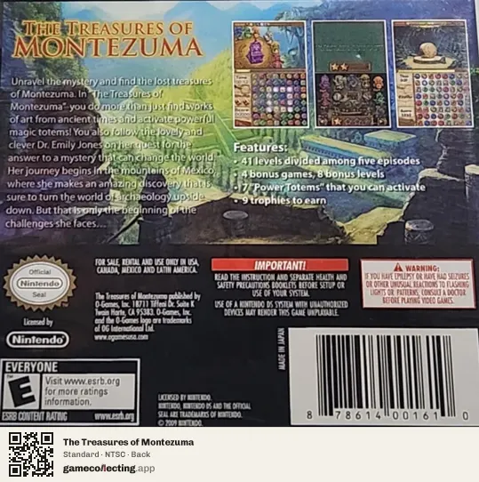 The Treasures of Montezuma Nintendo DS, NTSC box back