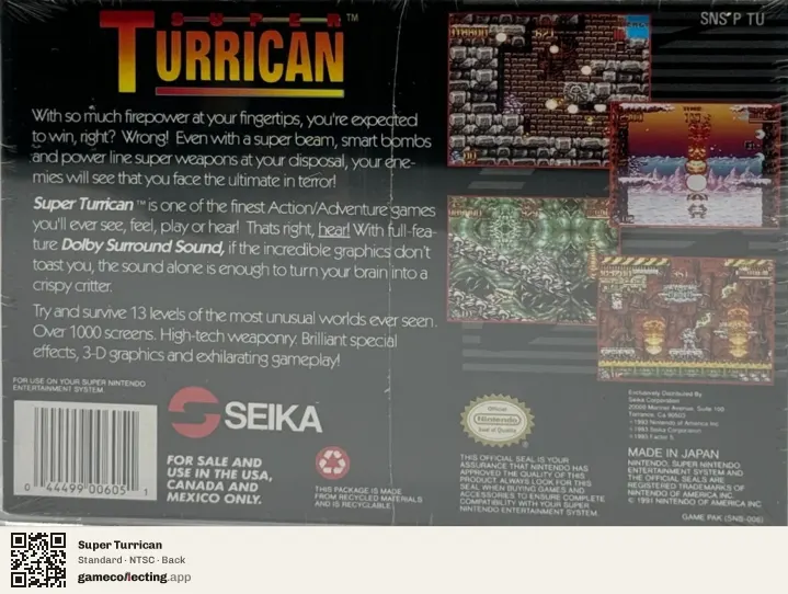 Super Turrican Super Nintendo Entertainment System, NTSC box back