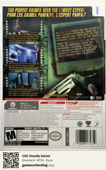 CSI: Deadly Intent Nintendo Wii, NTSC box back