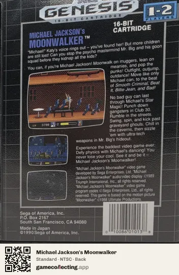 Michael Jackson's Moonwalker Sega Mega Drive / Genesis, NTSC box back
