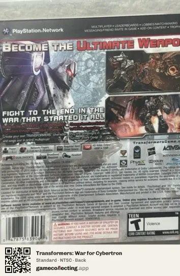 Transformers: War for Cybertron PlayStation 3, NTSC box back