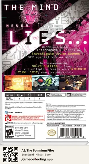 AI: The Somnium Files Nintendo Switch, NTSC box back