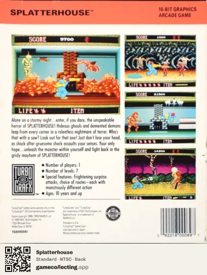 Splatterhouse TurboGrafx-16, NTSC box back