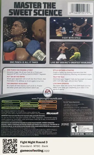 Fight Night Round 3 Xbox, NTSC box back