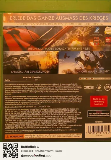 Battlefield 1 Xbox One, Germany box back