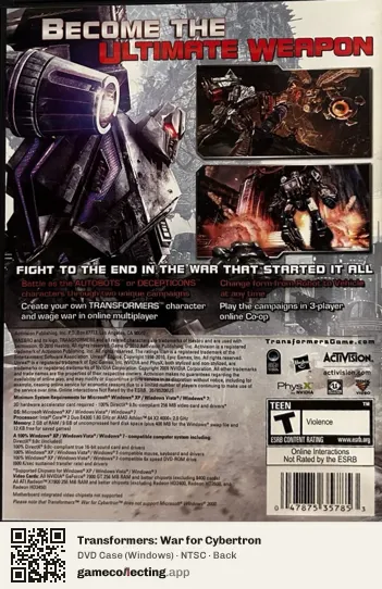 Transformers: War for Cybertron Computer, NTSC box back