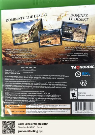 Baja: Edge of Control HD Xbox One, NTSC box back