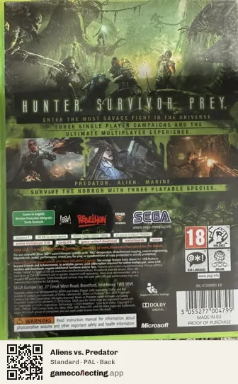 Aliens vs. Predator Xbox 360, PAL box back