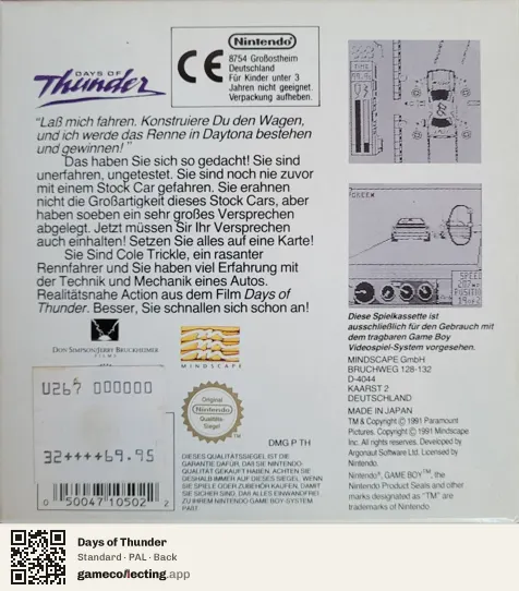 Days of Thunder Game Boy, PAL box back