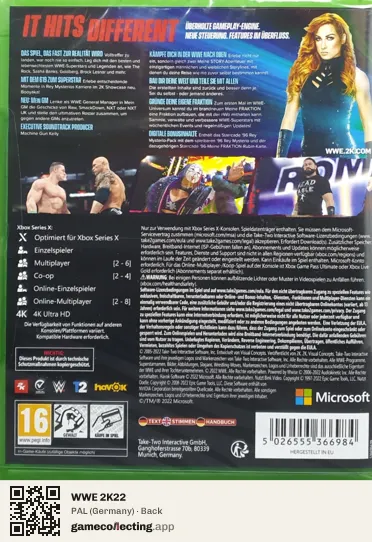 WWE 2K22 Xbox Series X, Germany box back
