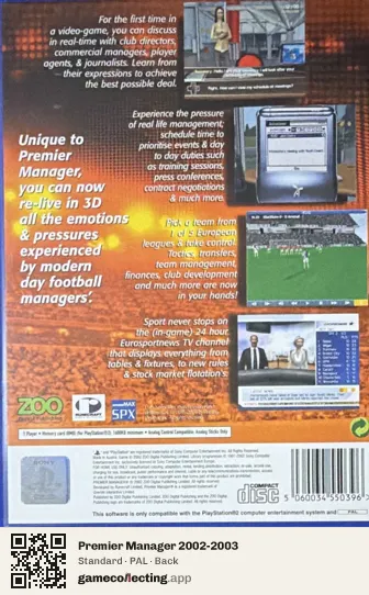 Premier Manager 2002-2003 PlayStation 2, PAL box back