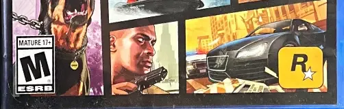 Grand Theft Auto V, the ESRB box on its front