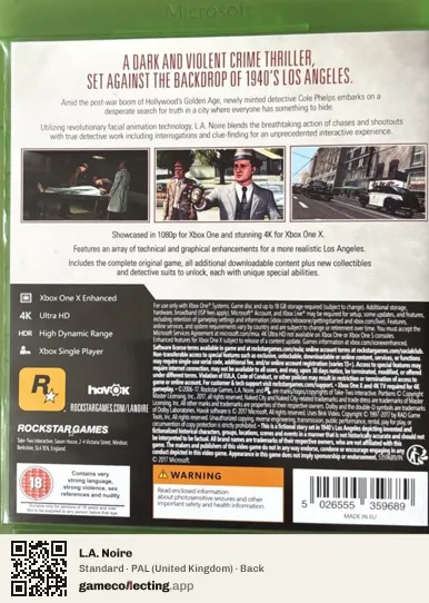 L.A. Noire Xbox One, United Kingdom box back