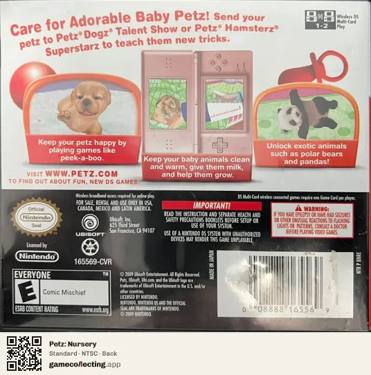 Petz: Nursery Nintendo DS, NTSC box back