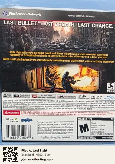 Metro: Last Light PlayStation 3, NTSC box back