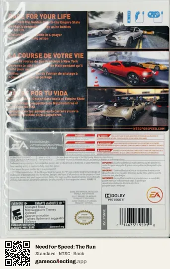 Need for Speed: The Run Nintendo Wii, NTSC box back