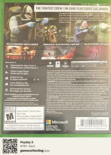 Payday 3 Xbox Series X, NTSC box back
