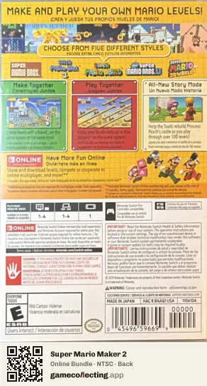 Super Mario Maker 2 Nintendo Switch, NTSC box back