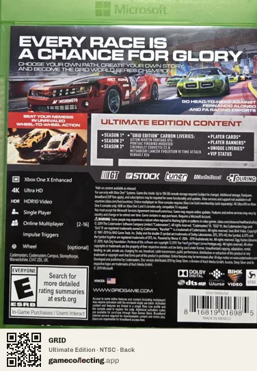 GRID Xbox One, NTSC box back