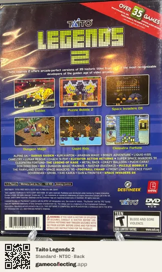 Taito Legends 2 PlayStation 2, NTSC box back