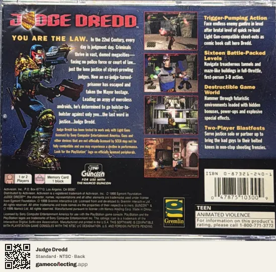 Judge Dredd PlayStation, NTSC box back