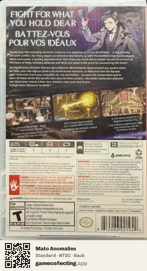 Mato Anomalies Nintendo Switch, NTSC box back
