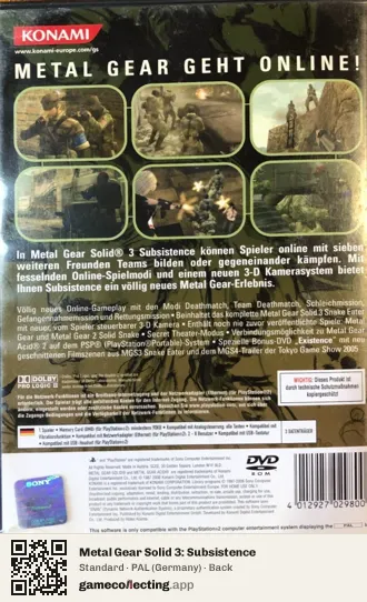 Metal Gear Solid 3: Subsistence PlayStation 2, Germany box back