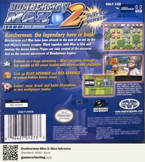 Bomberman Max 2: Blue Advance Game Boy Advance, NTSC box back