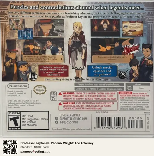 Professor Layton vs. Phoenix Wright: Ace Attorney Nintendo 3DS, NTSC box back