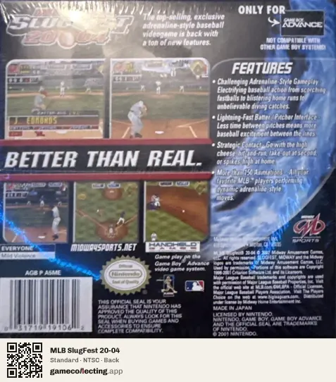 MLB SlugFest 20-04 Game Boy Advance, NTSC box back