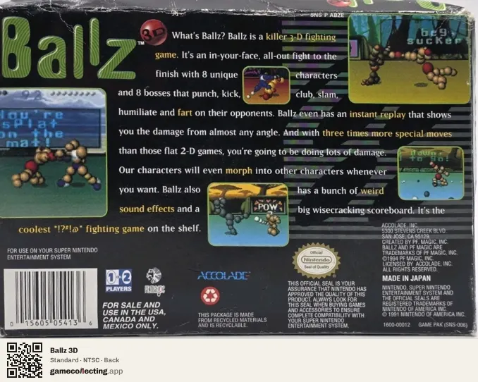 Ballz 3D Super Nintendo Entertainment System, NTSC box back