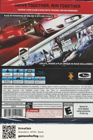 DriveClub PlayStation 4, NTSC box back
