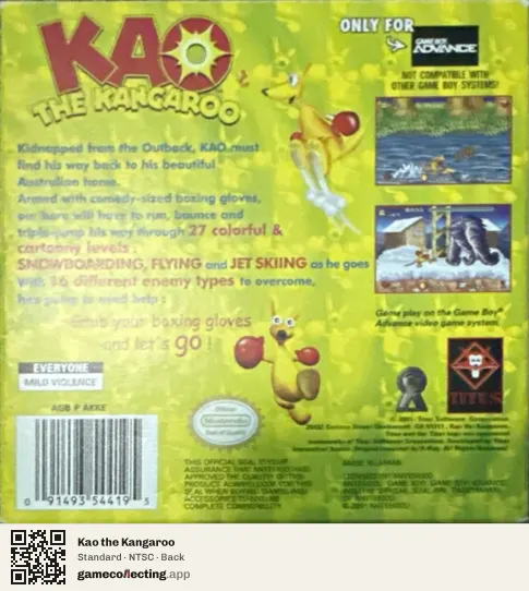 Kao the Kangaroo Game Boy Advance, NTSC box back