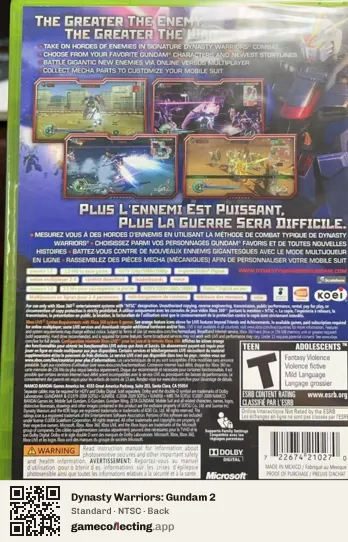 Dynasty Warriors: Gundam 2 Xbox 360, NTSC box back