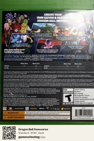 Dragon Ball Xenoverse Xbox One, NTSC box back