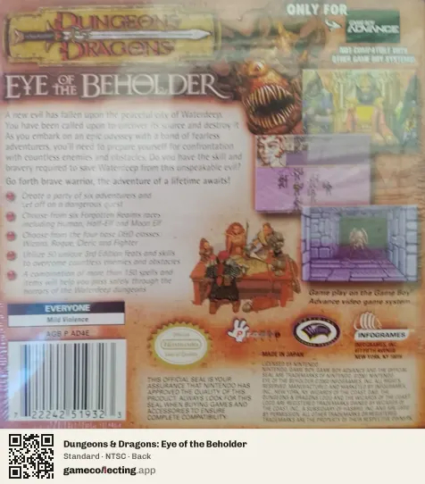 Dungeons & Dragons: Eye of the Beholder Game Boy Advance, NTSC box back
