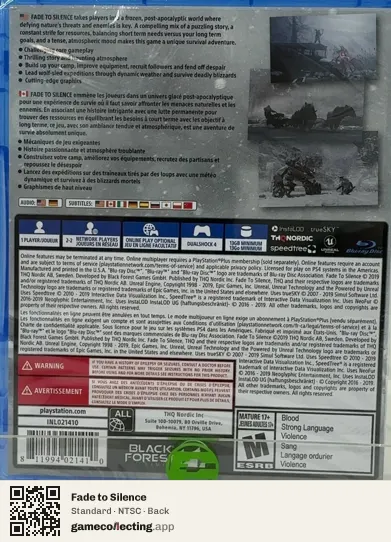 Fade to Silence PlayStation 4, NTSC box back