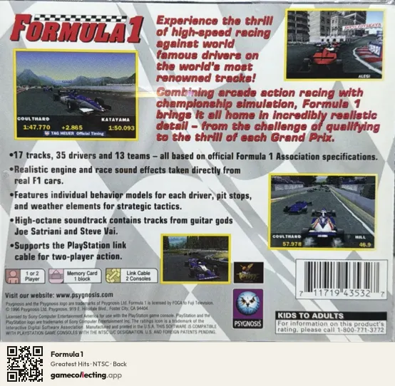 Formula 1 PlayStation, NTSC box back