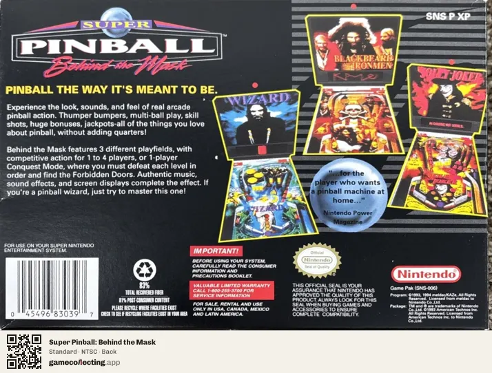 Super Pinball: Behind the Mask Super Nintendo Entertainment System, NTSC box back